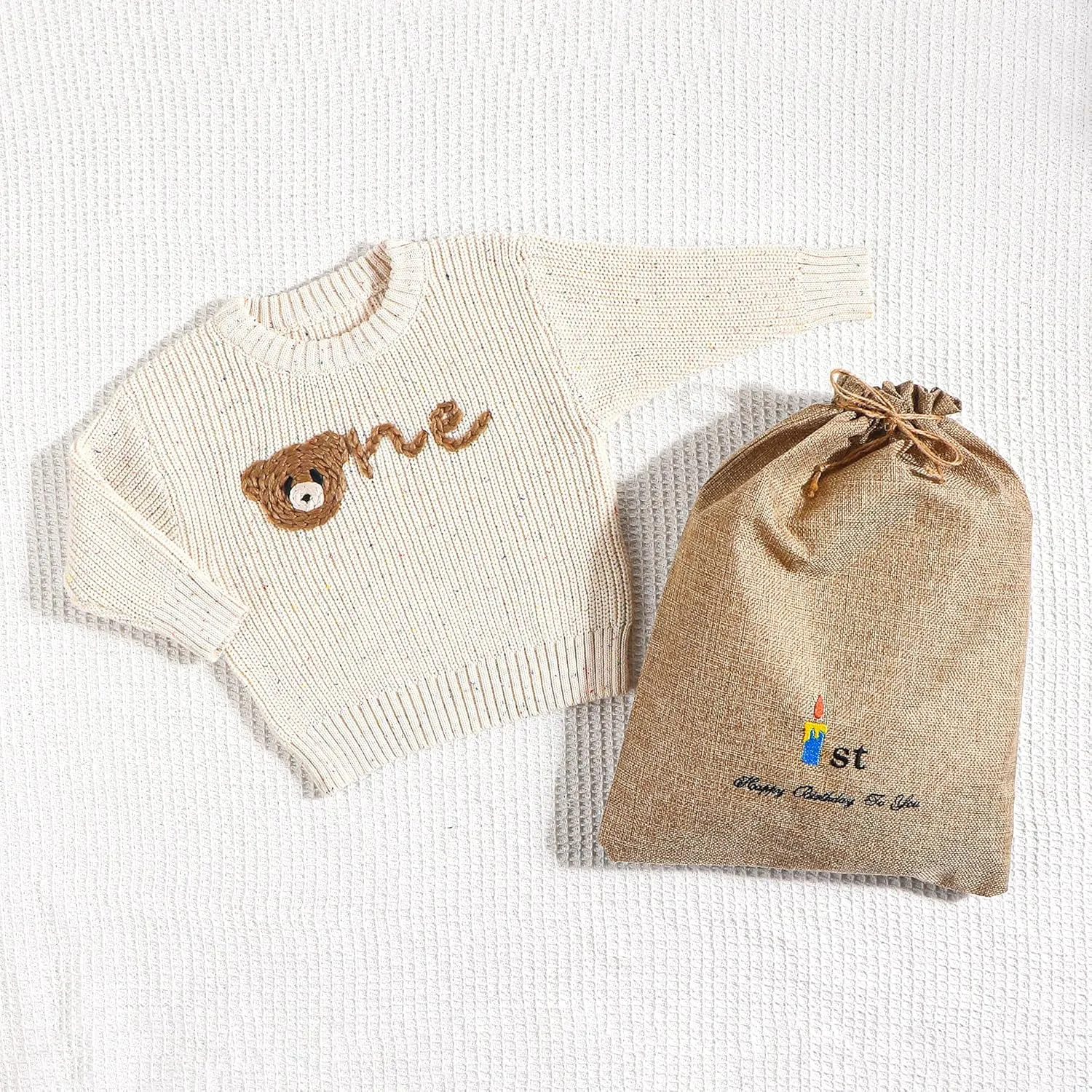 1st First Birthday Outfit Girl Boy One Sweater Embroidery Knit Pullover Fall Winter Clothes with Baby Gift Bag