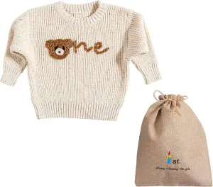 1st First Birthday Outfit Girl Boy One Sweater Embroidery Knit Pullover Fall Winter Clothes with Baby Gift Bag