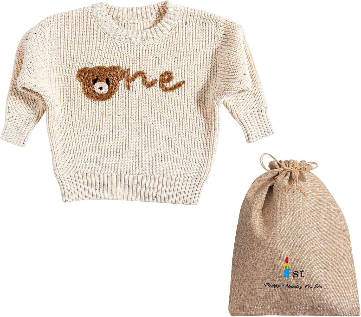 1st First Birthday Outfit Girl Boy One Sweater Embroidery Knit Pullover Fall Winter Clothes with Baby Gift Bag
