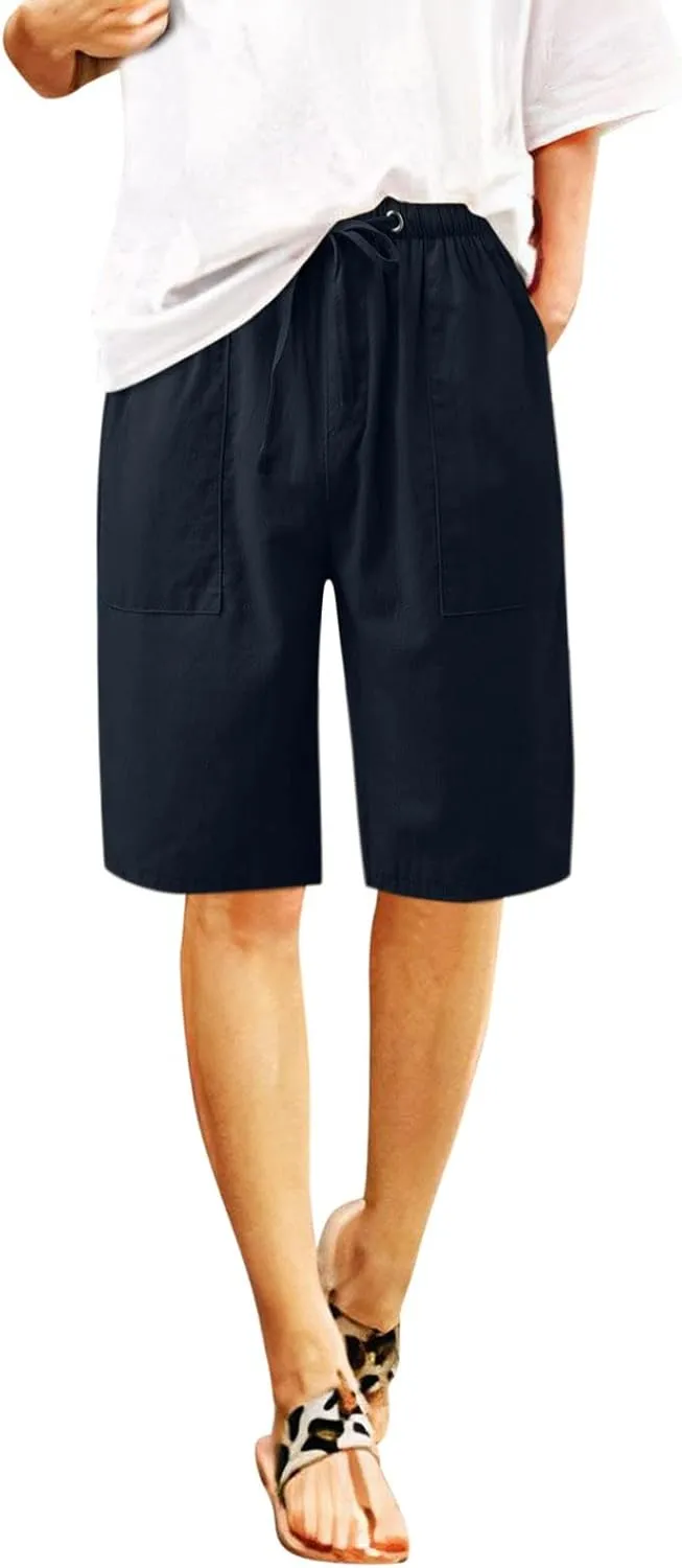 2024 Women's Drawstring Waist Shorts Summer Casual Short Length Pants Solid Straight Legs All-Match Walking Cycling Shorts