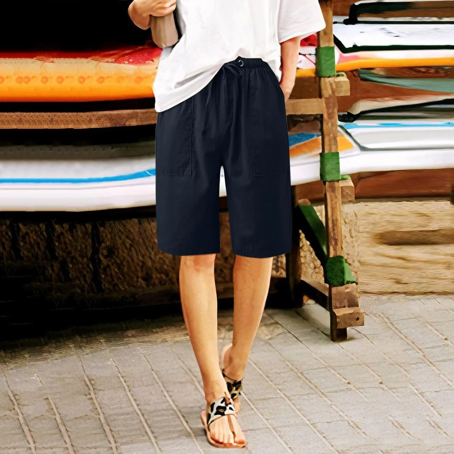2024 Women's Drawstring Waist Shorts Summer Casual Short Length Pants Solid Straight Legs All-Match Walking Cycling Shorts
