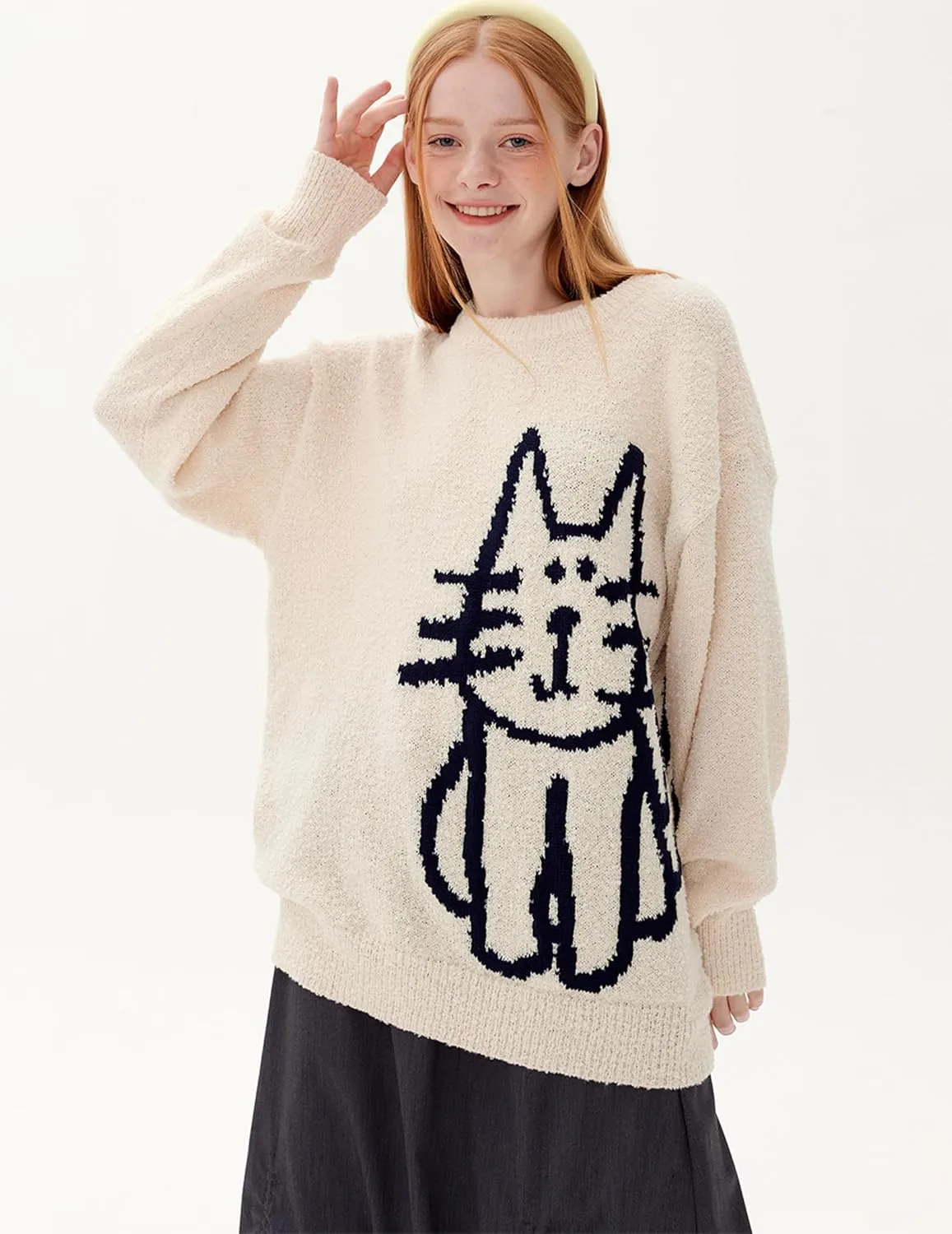 Aelfric Eden Women's Pullover Sweater Hand Drawn Cat Graphic Printed Oversized Sweater Fall Winter Fashion Couple Tops