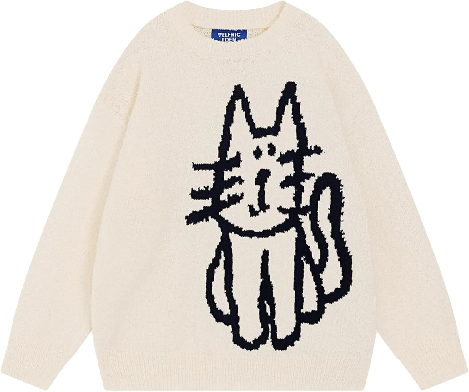 Aelfric Eden Women's Pullover Sweater Hand Drawn Cat Graphic Printed Oversized Sweater Fall Winter Fashion Couple Tops