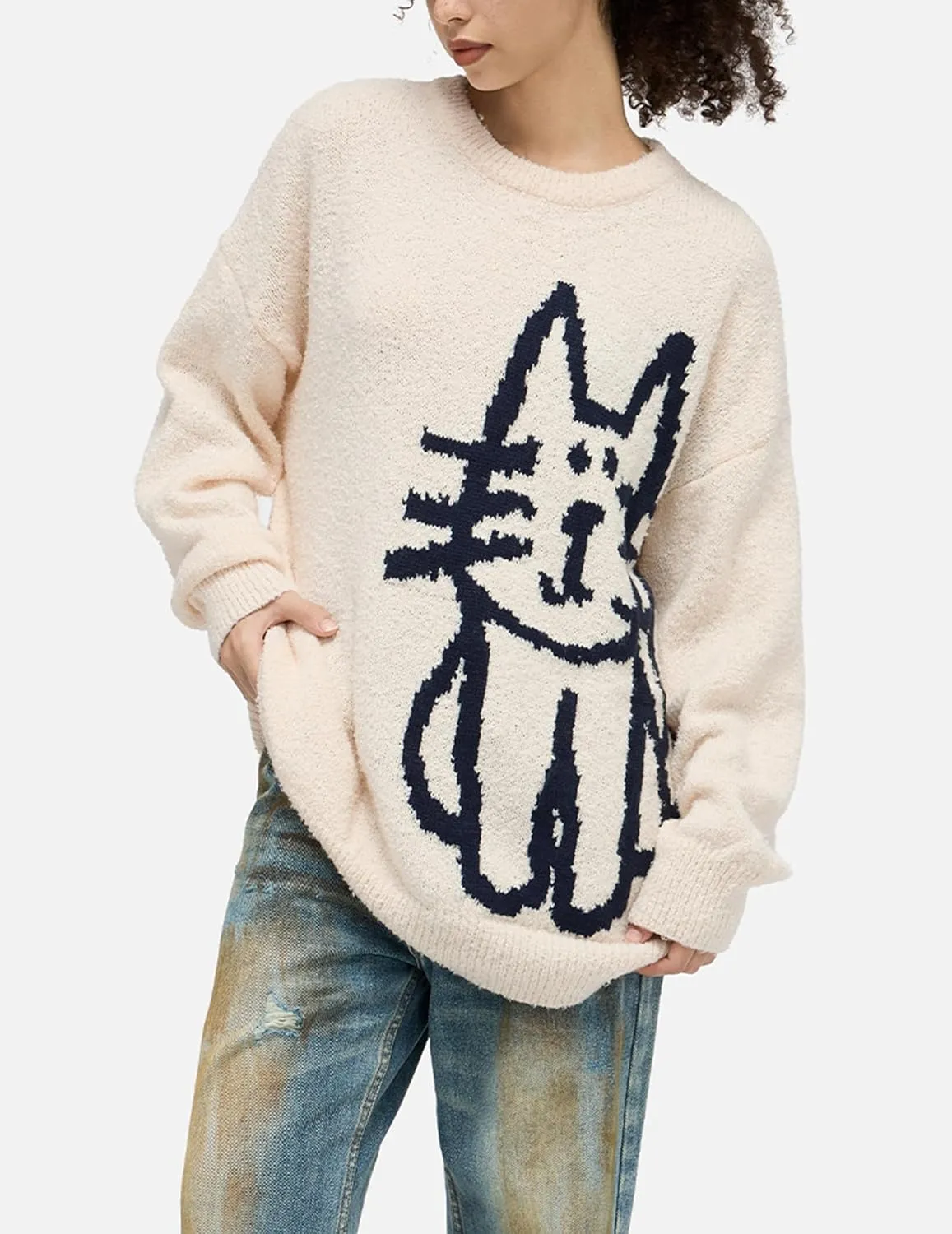 Aelfric Eden Women's Pullover Sweater Hand Drawn Cat Graphic Printed Oversized Sweater Fall Winter Fashion Couple Tops