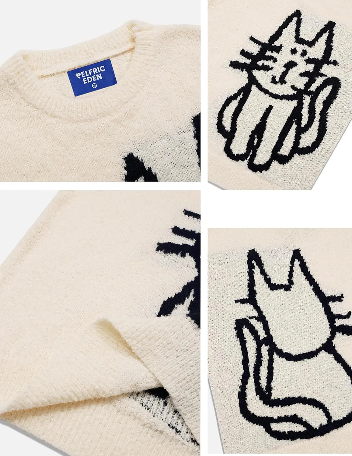 Aelfric Eden Women's Pullover Sweater Hand Drawn Cat Graphic Printed Oversized Sweater Fall Winter Fashion Couple Tops
