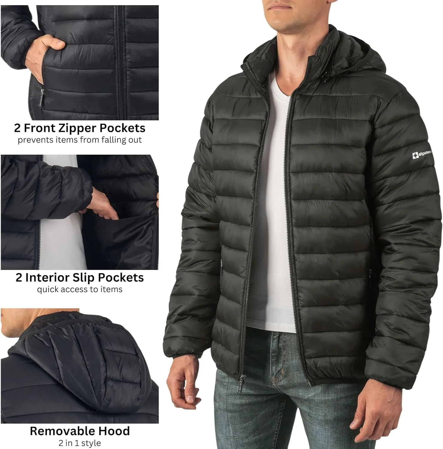 Alpine Swiss Milo Men's Hooded Puffer Jacket Light Down Alternative Packable Water-Resistant Bubble Coat with Removable Hood