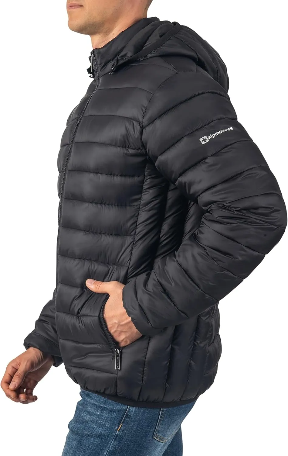 Alpine Swiss Milo Men's Hooded Puffer Jacket Light Down Alternative Packable Water-Resistant Bubble Coat with Removable Hood