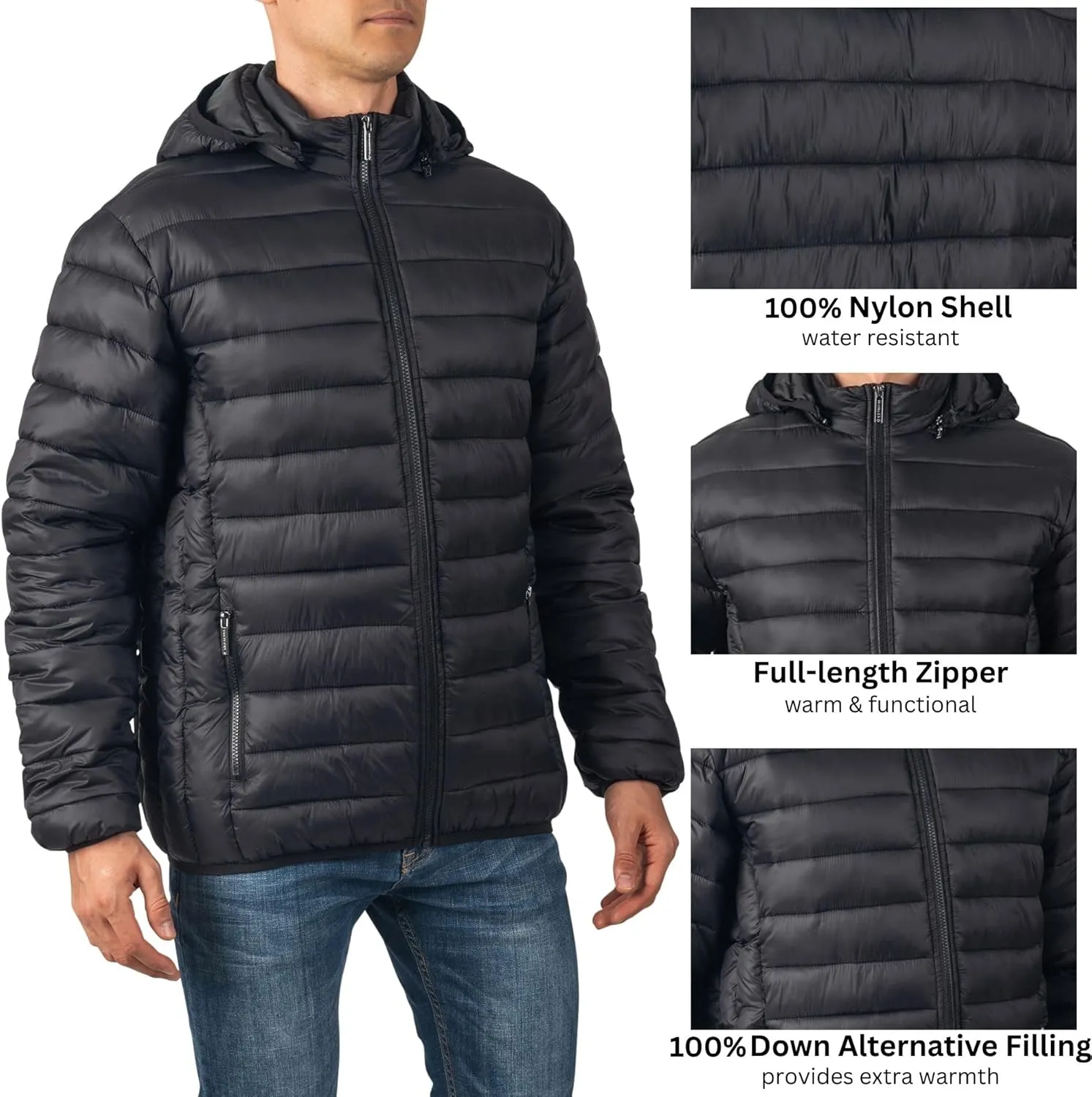 Alpine Swiss Milo Men's Hooded Puffer Jacket Light Down Alternative Packable Water-Resistant Bubble Coat with Removable Hood