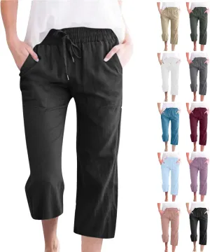 Amazon haul Store Clearance,Capri Pants for Women Casual Summer Cotton Linen Capris Drawstring Elastic High Waist Pants Wide Leg Cropped Trouser