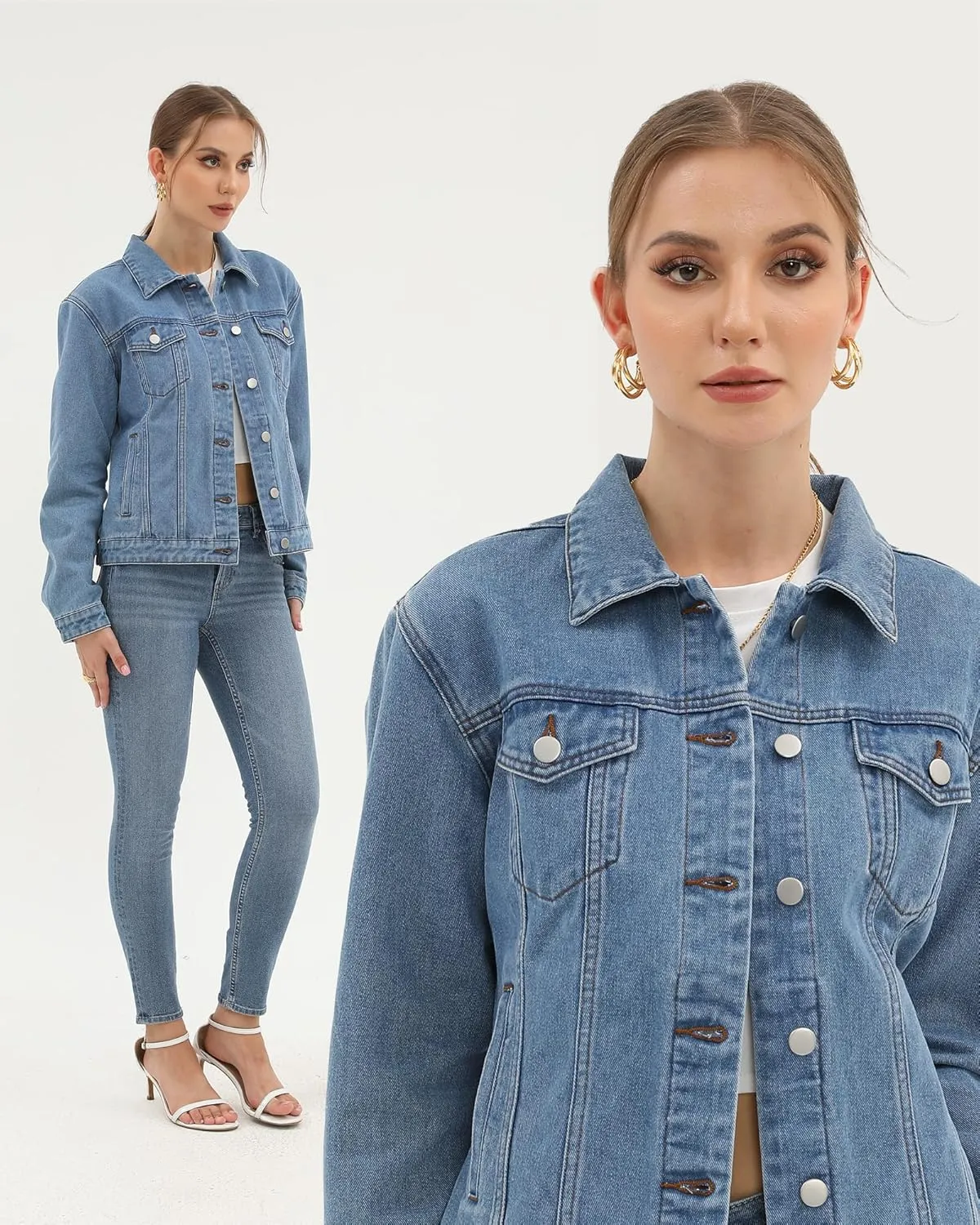 Argstar Denim Jacket for Women Button Up Long Sleeve with Pockets (Available in Inner Pockets)