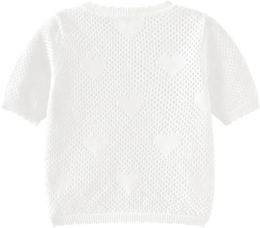 ASHER FASHION Girls Bolero Cardigan Short Sleeve Kids Cute Heart Knitted Hollow Shrug Sweaters Dress Cover Up Crop Tops
