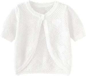 ASHER FASHION Girls Bolero Cardigan Short Sleeve Kids Cute Heart Knitted Hollow Shrug Sweaters Dress Cover Up Crop Tops