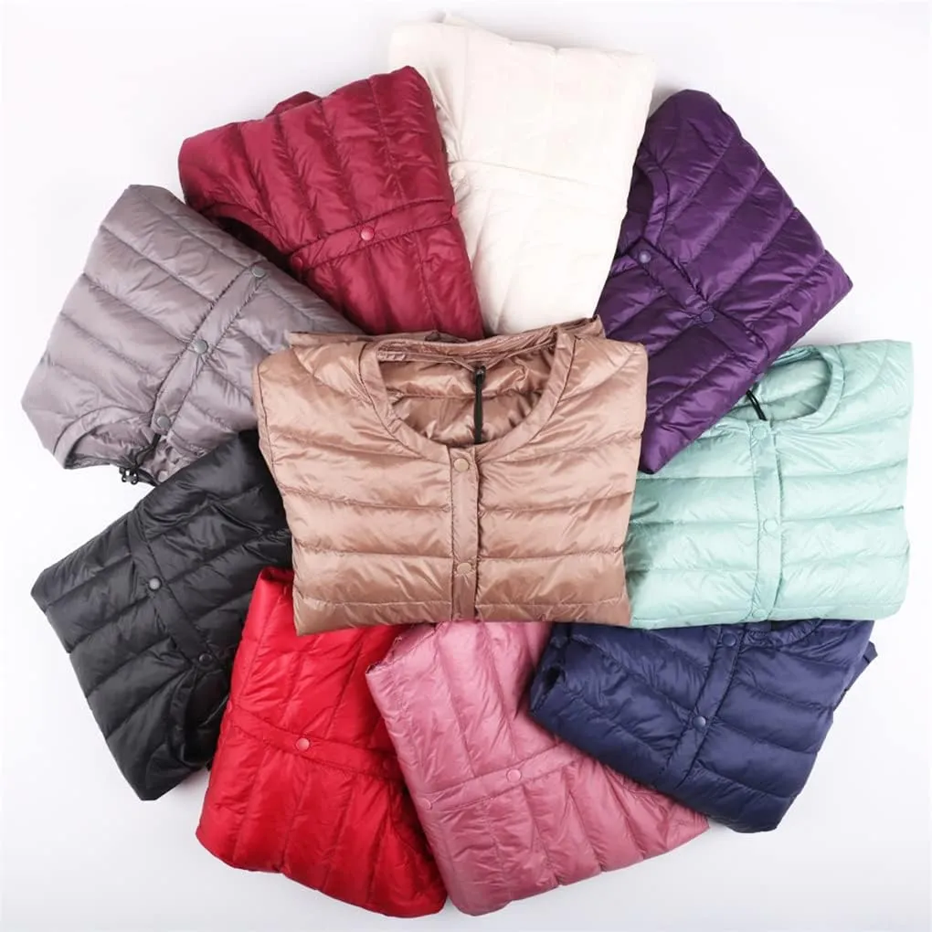 Autumn Spring Ultra Light Down Jacket Women White Duck Down Coat Casual Collarless Warm