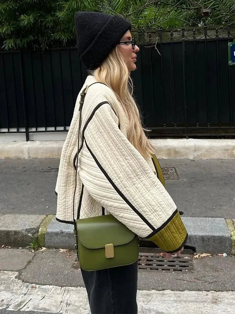 Back To School Joskaa Women Elegant Patchwork Stand Collar Coats Fashion Contrast Single Breasted With Pocket Loose Jacket 2024 Autumn Lady Chic Coat