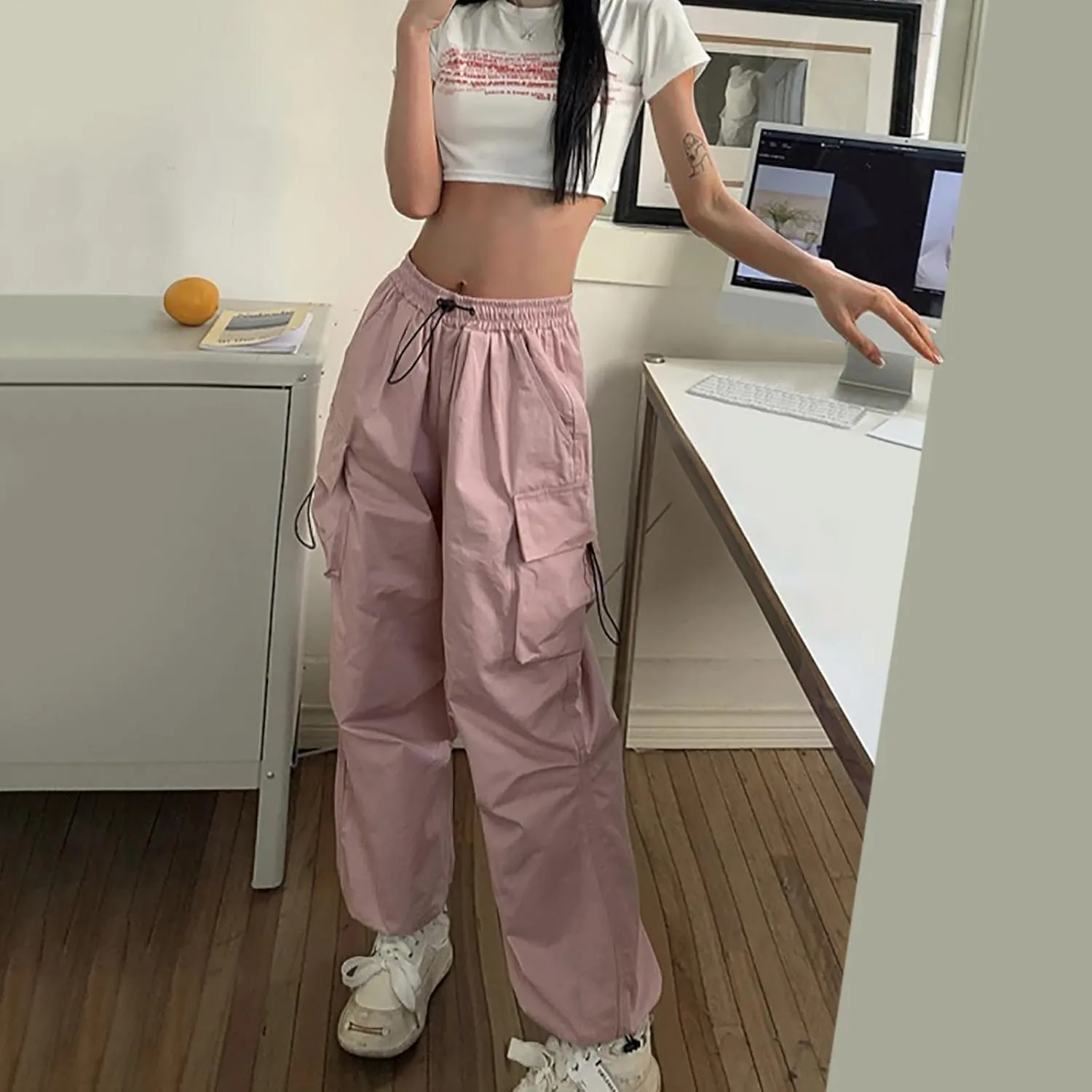 Baggy Cargo Pants Women Drawstring High Waist Parachute Pants Loose Jogger Straight Wide Leg Y2K Trousers Streetwear