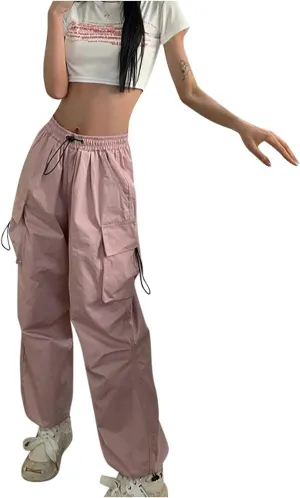 Baggy Cargo Pants Women Drawstring High Waist Parachute Pants Loose Jogger Straight Wide Leg Y2K Trousers Streetwear
