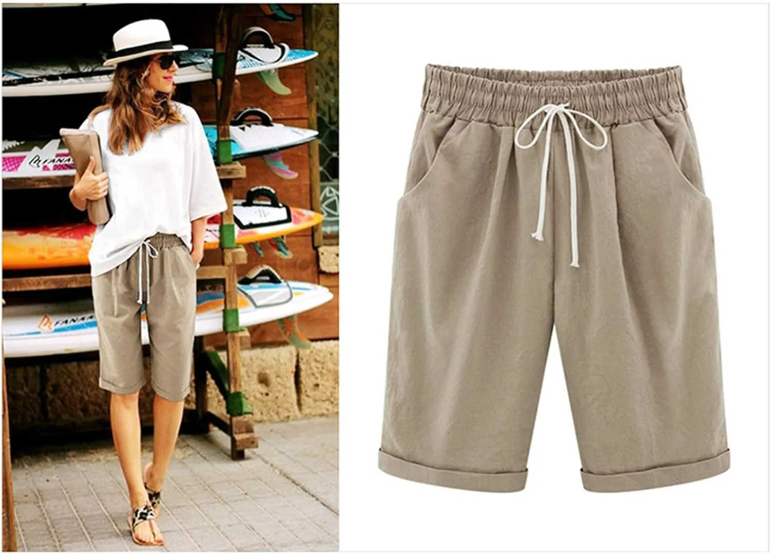 Bermuda Shorts for Women Knee Length Elastic Waist Drawstring Lightweight Shorts Summer Vacation Beach Casual Short
