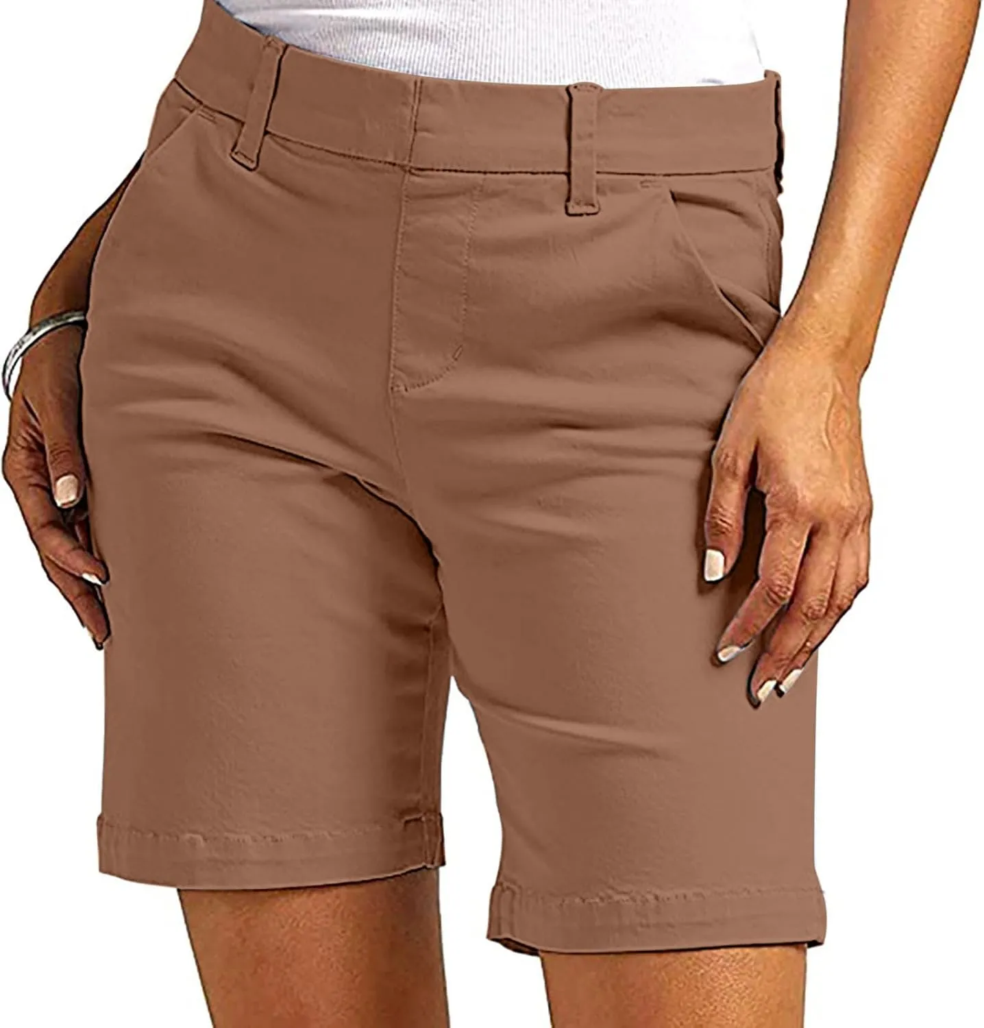 Bermuda Shorts for Women Knee Length Stretchy High Waisted Chino Summer Casual Shorts with Pockets Hiking Outfits