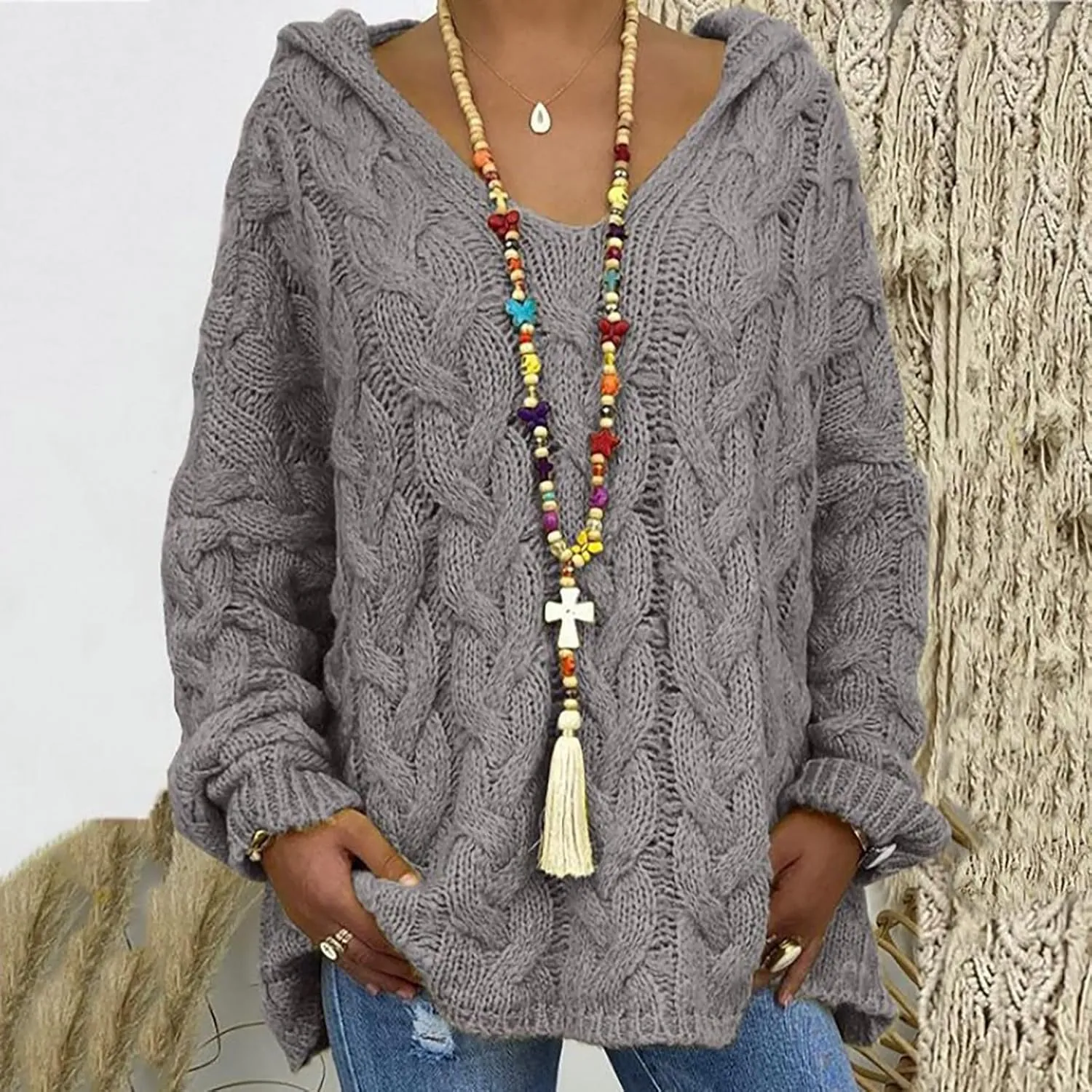 Cable Knit Sweater for Women Oversized Hoodie Sweaters Long Sleeve V Neck Pullover Top Loose Hooded Jumper Knitwear