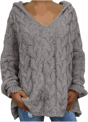 Cable Knit Sweater for Women Oversized Hoodie Sweaters Long Sleeve V Neck Pullover Top Loose Hooded Jumper Knitwear