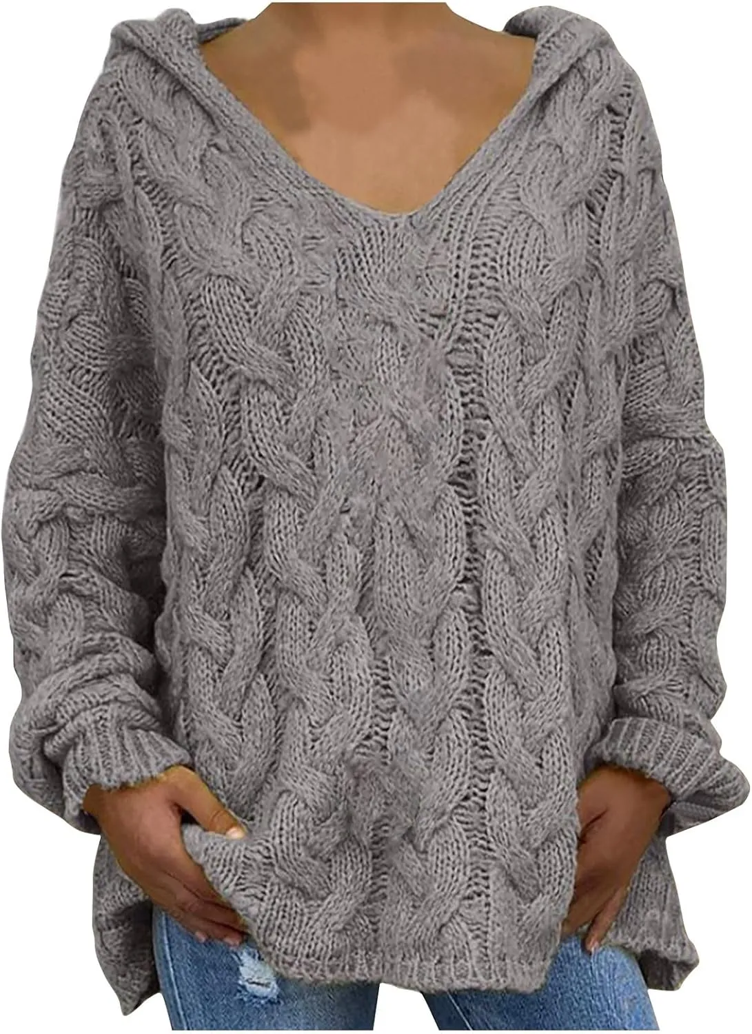 Cable Knit Sweater for Women Oversized Hoodie Sweaters Long Sleeve V Neck Pullover Top Loose Hooded Jumper Knitwear