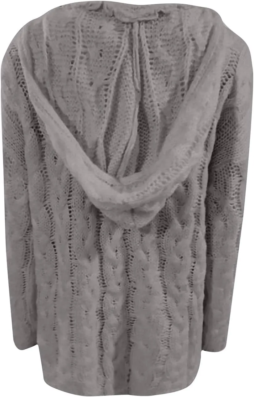 Cable Knit Sweater for Women Oversized Hoodie Sweaters Long Sleeve V Neck Pullover Top Loose Hooded Jumper Knitwear