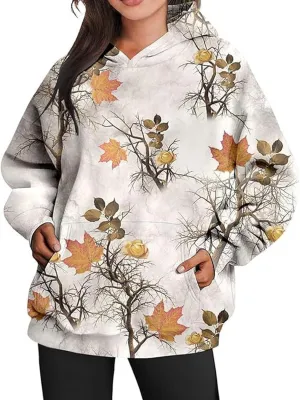 Camo Hoodie Womens Maple Leaf Print Oversized Hooded Sweatshirt Fleece Sweatshirts Casual Long Sleeve Pullover 2024