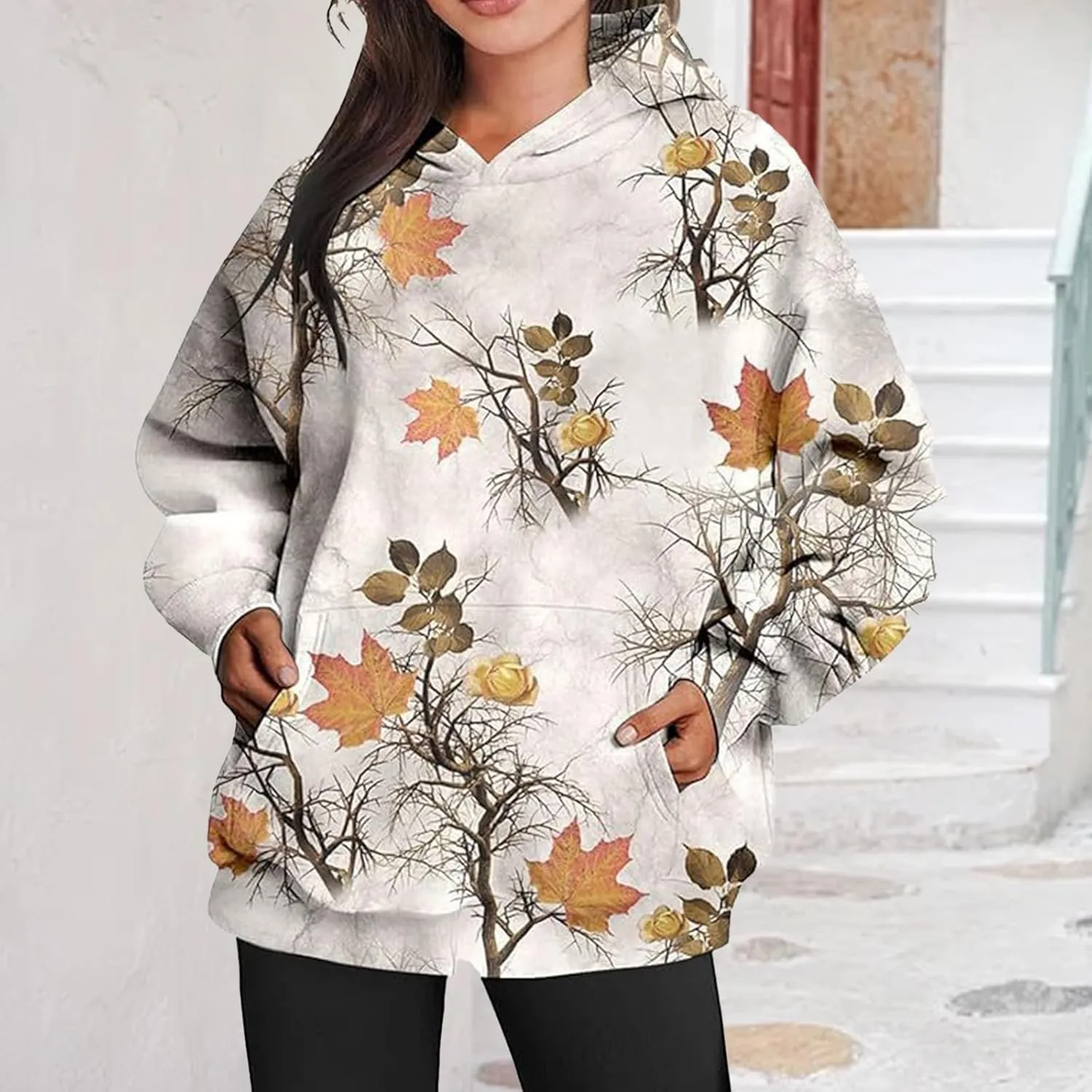 Camo Hoodie Womens Maple Leaf Print Oversized Hooded Sweatshirt Fleece Sweatshirts Casual Long Sleeve Pullover 2024