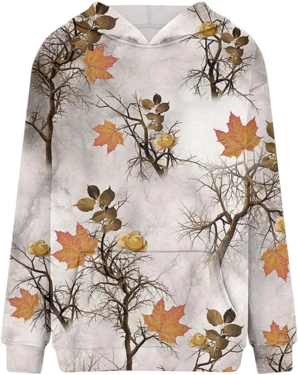 Camo Hoodie Womens Maple Leaf Print Oversized Hooded Sweatshirt Fleece Sweatshirts Casual Long Sleeve Pullover 2024