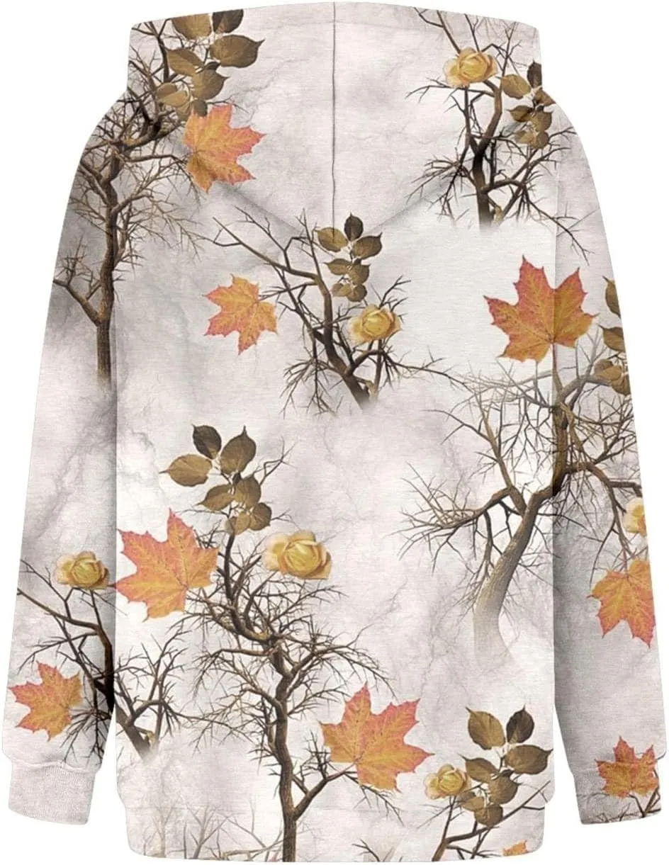 Camo Hoodie Womens Maple Leaf Print Oversized Hooded Sweatshirt Fleece Sweatshirts Casual Long Sleeve Pullover 2024