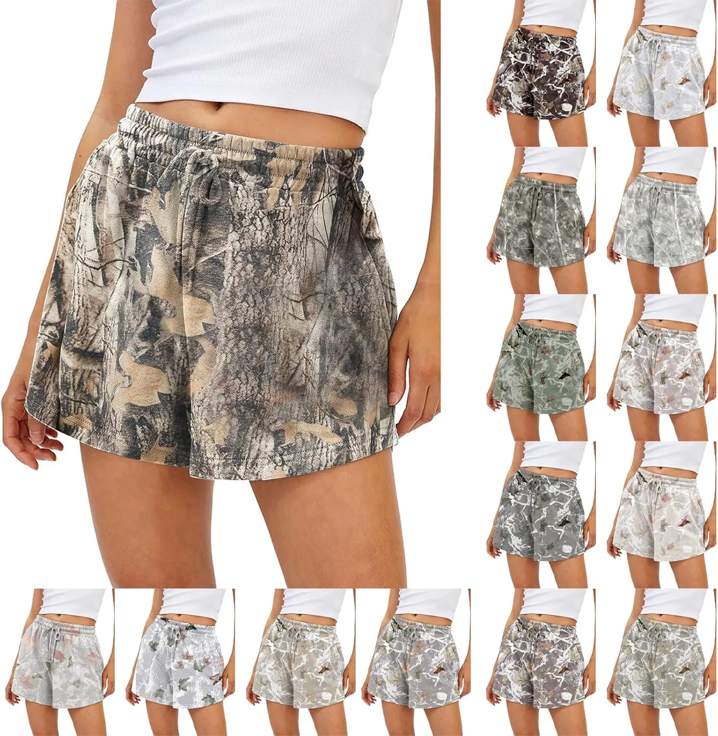 Camo Shorts Women Maple Leaf Print Sweat Short Elastic High Waisted Workout Shorts Lounge Camouflage Short