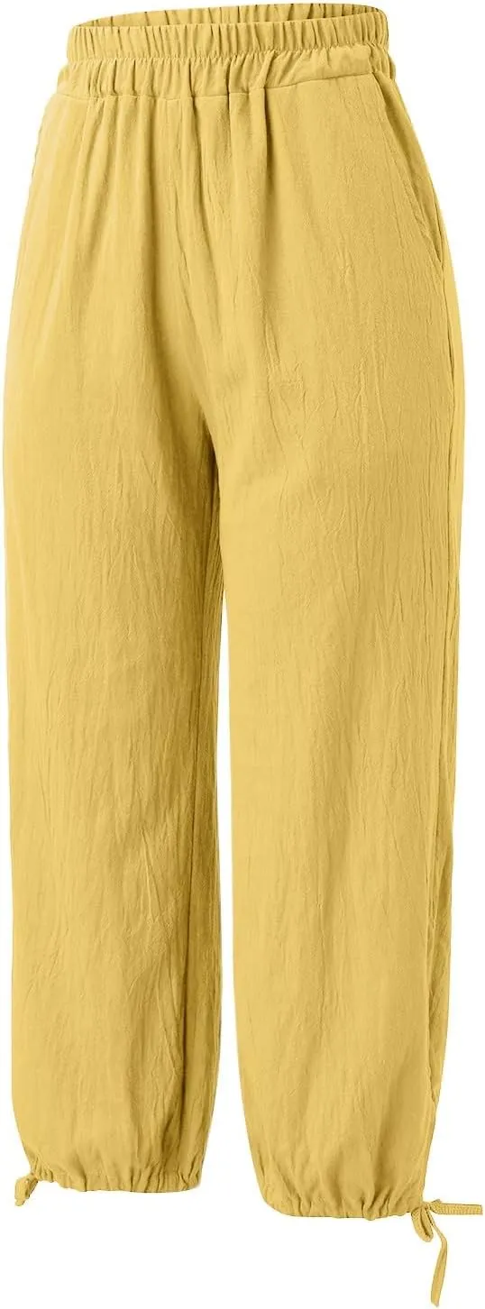 Capris Pants for Women Linen 2025 Casual Summer Straight Wide Leg Loose Smocked Elastic High Waist Cropped Trouser