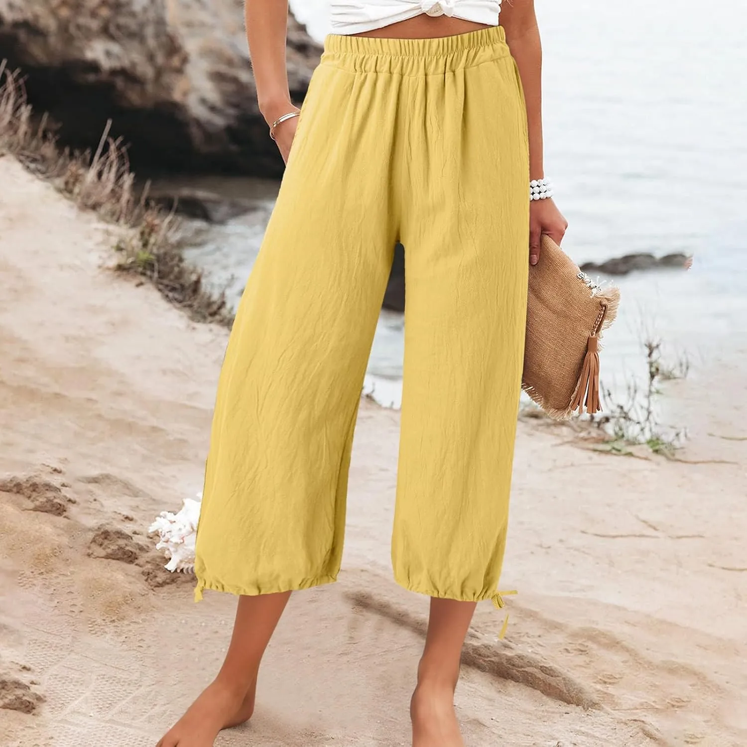 Capris Pants for Women Linen 2025 Casual Summer Straight Wide Leg Loose Smocked Elastic High Waist Cropped Trouser