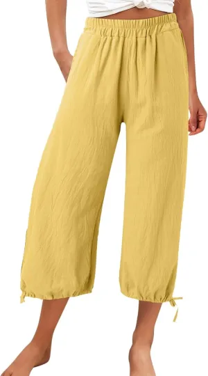 Capris Pants for Women Linen 2025 Casual Summer Straight Wide Leg Loose Smocked Elastic High Waist Cropped Trouser