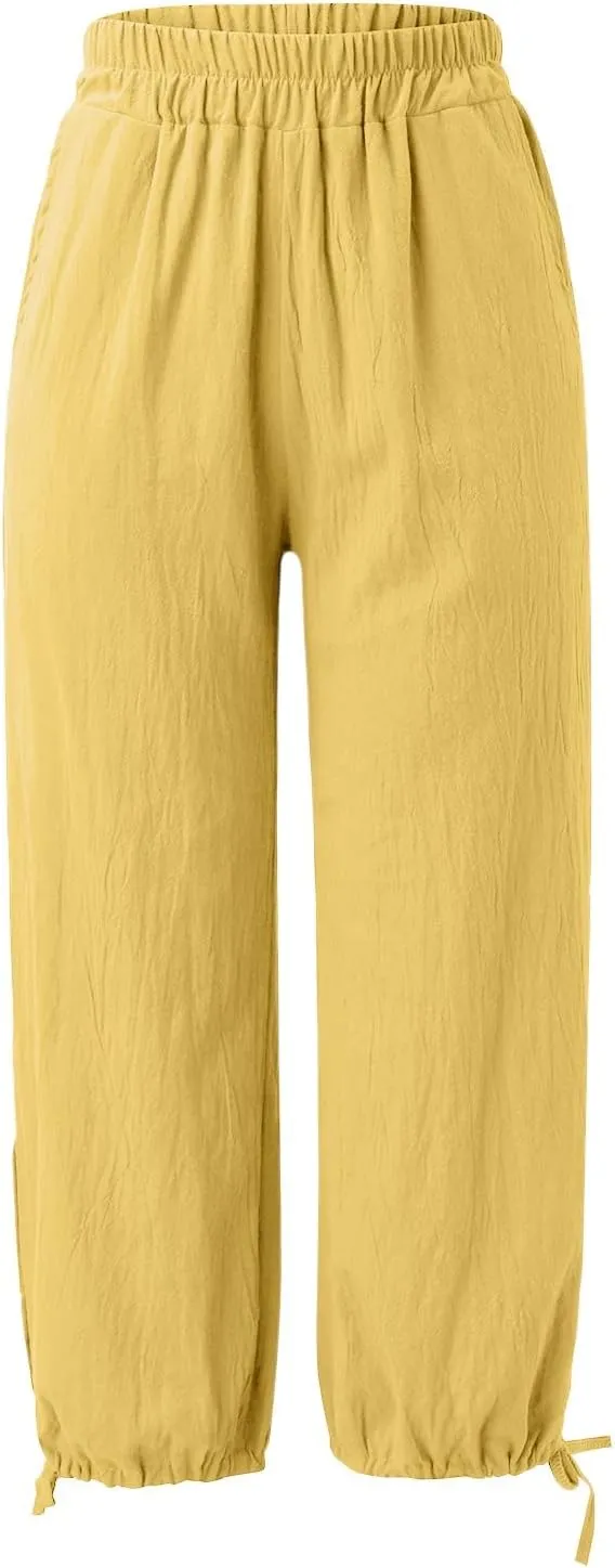 Capris Pants for Women Linen 2025 Casual Summer Straight Wide Leg Loose Smocked Elastic High Waist Cropped Trouser