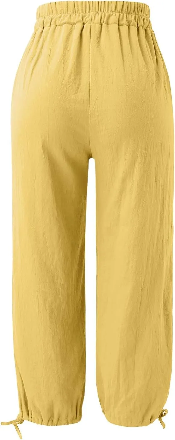 Capris Pants for Women Linen 2025 Casual Summer Straight Wide Leg Loose Smocked Elastic High Waist Cropped Trouser