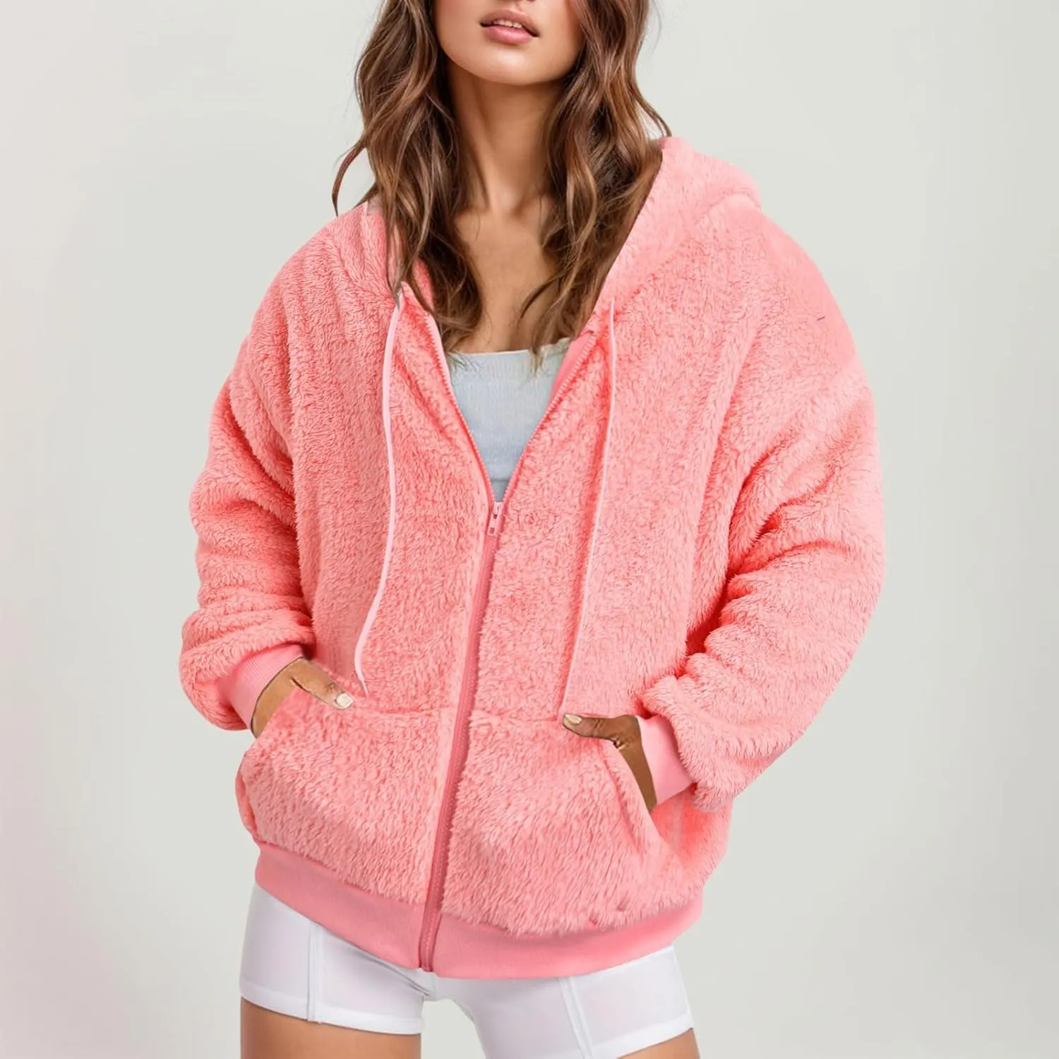 Ceboyel Women 2023 Fleece Oversized Jacket Long Sleeve Casual Fall Hoodie Full Zip Up Sweatshirt Winter Coats Outerwear