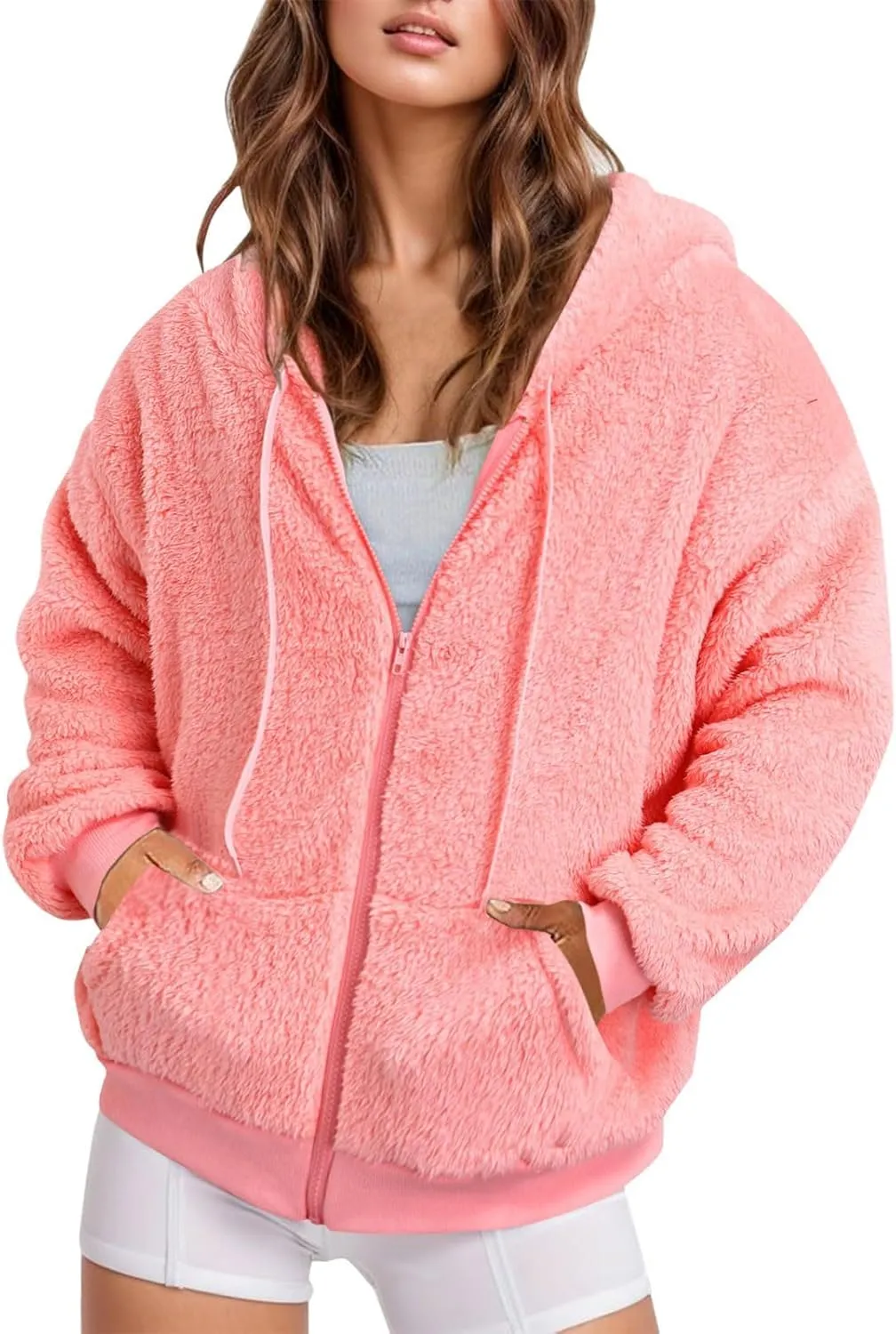 Ceboyel Women 2023 Fleece Oversized Jacket Long Sleeve Casual Fall Hoodie Full Zip Up Sweatshirt Winter Coats Outerwear