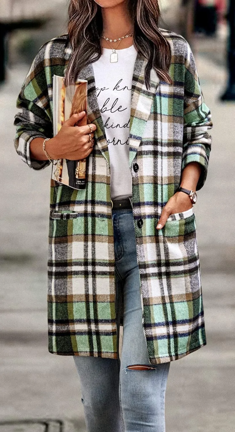 CHARTOU Women's Plaid Shacket Causal Notched Collar Wool Blend Tartan Blazer Trench Coat