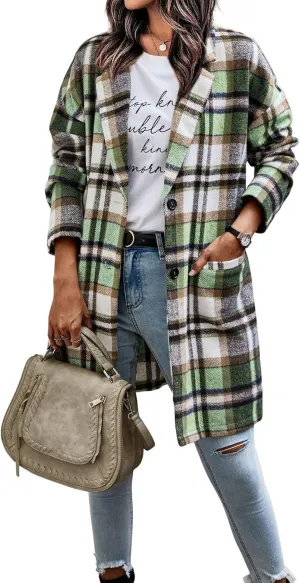 CHARTOU Women's Plaid Shacket Causal Notched Collar Wool Blend Tartan Blazer Trench Coat