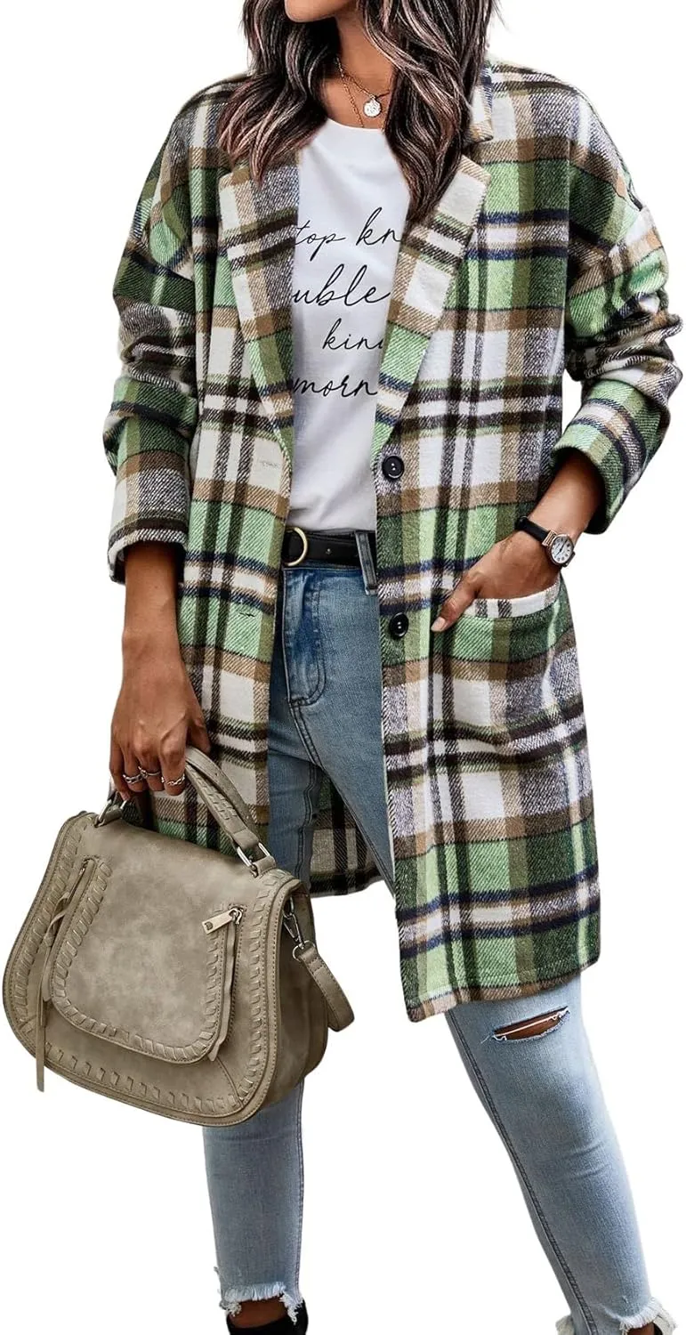 CHARTOU Women's Plaid Shacket Causal Notched Collar Wool Blend Tartan Blazer Trench Coat