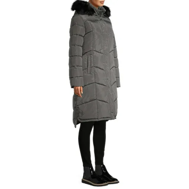 Chevron Quilted Maxi Coat with Faux Fur Hood Mid Grey