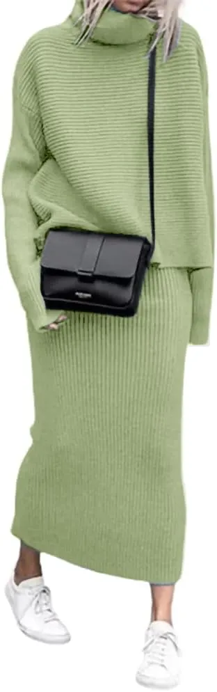 chouyatou Women's Turtleneck 2 Piece Outfits Ribbed Knit Sweater Midi Pencil Skirt Set