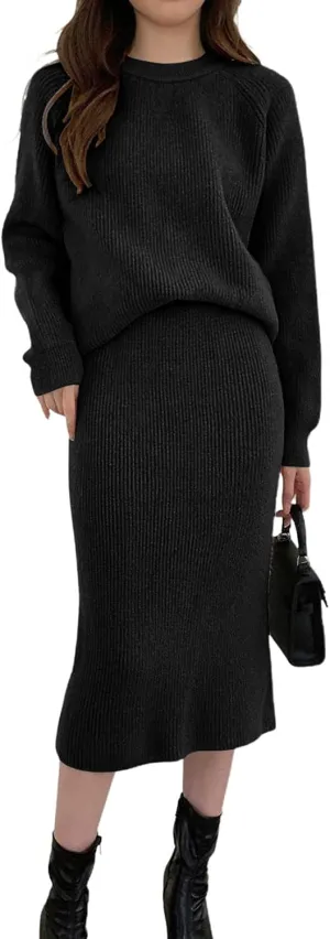 chouyatou Women's Two Piece Sweater Skirt Sets Knit Sweater Top Bodycon Skirt 2 Piece Outfits