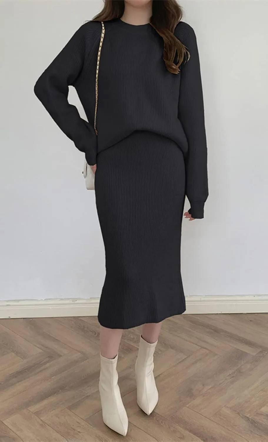 chouyatou Women's Two Piece Sweater Skirt Sets Knit Sweater Top Bodycon Skirt 2 Piece Outfits