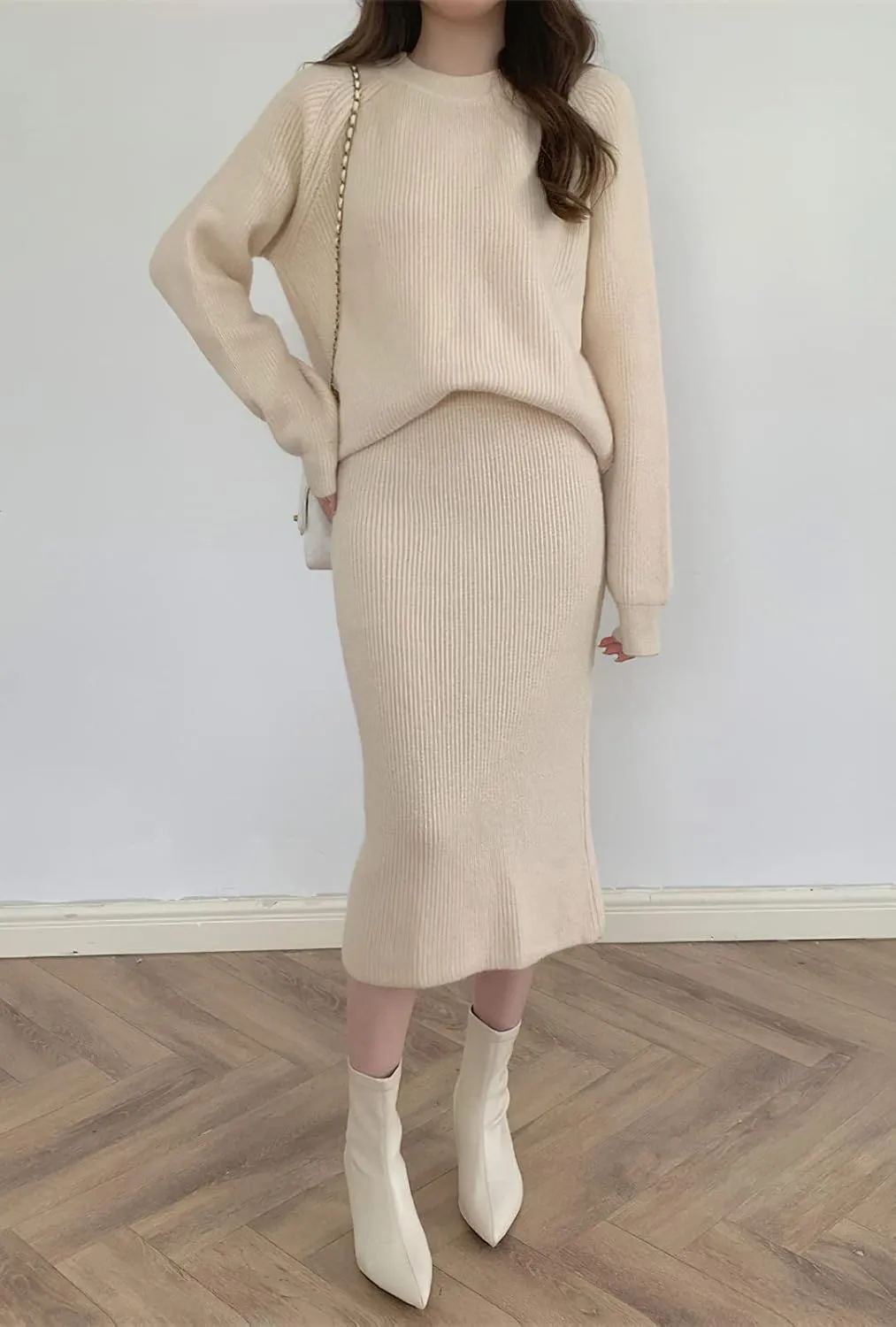 chouyatou Women's Two Piece Sweater Skirt Sets Knit Sweater Top Bodycon Skirt 2 Piece Outfits