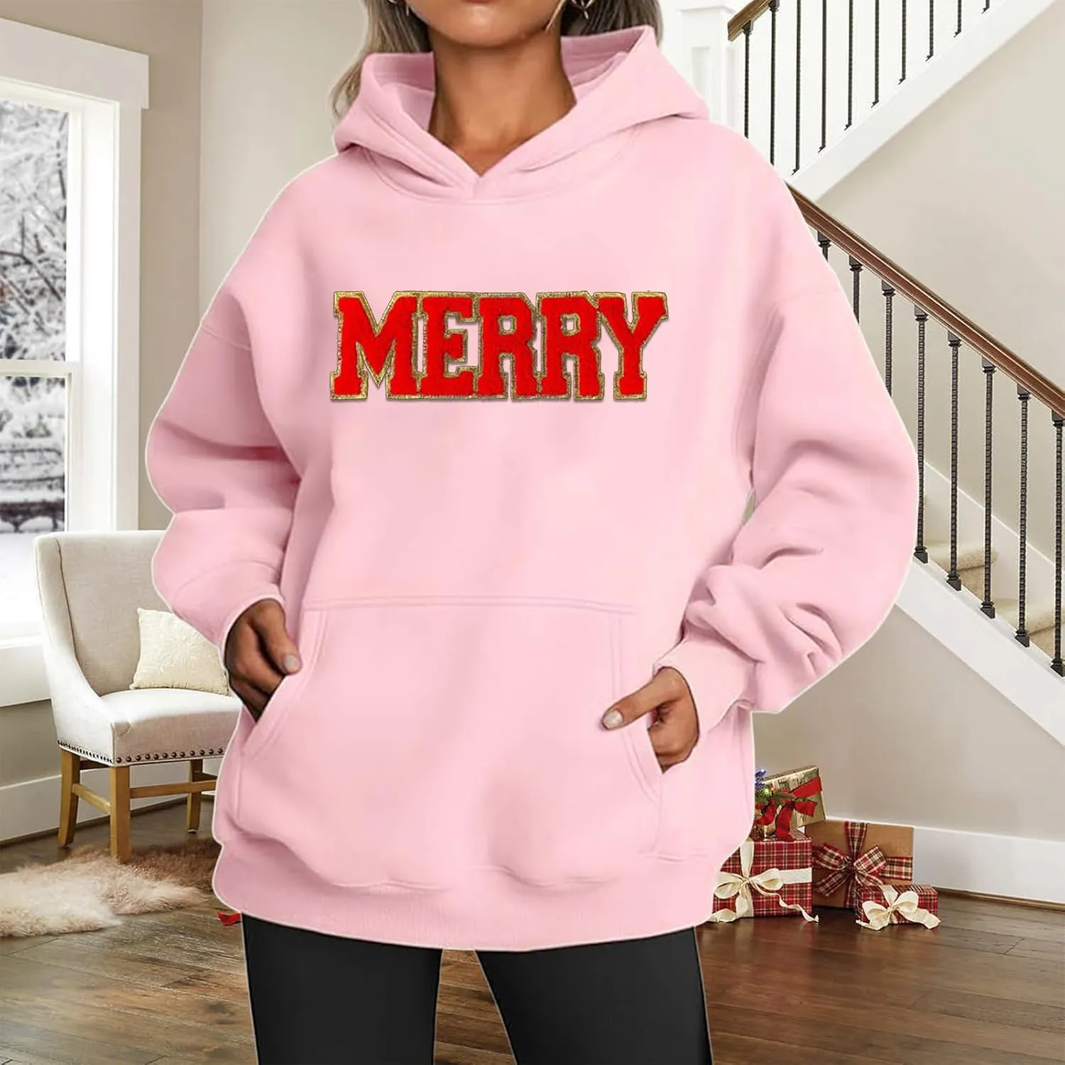 Christmas Sweatshirts for Women 2024 Merry Letter Shirt Oversized Long Sleeve Hoodie Pullover Sweatshirt Xmas Tops