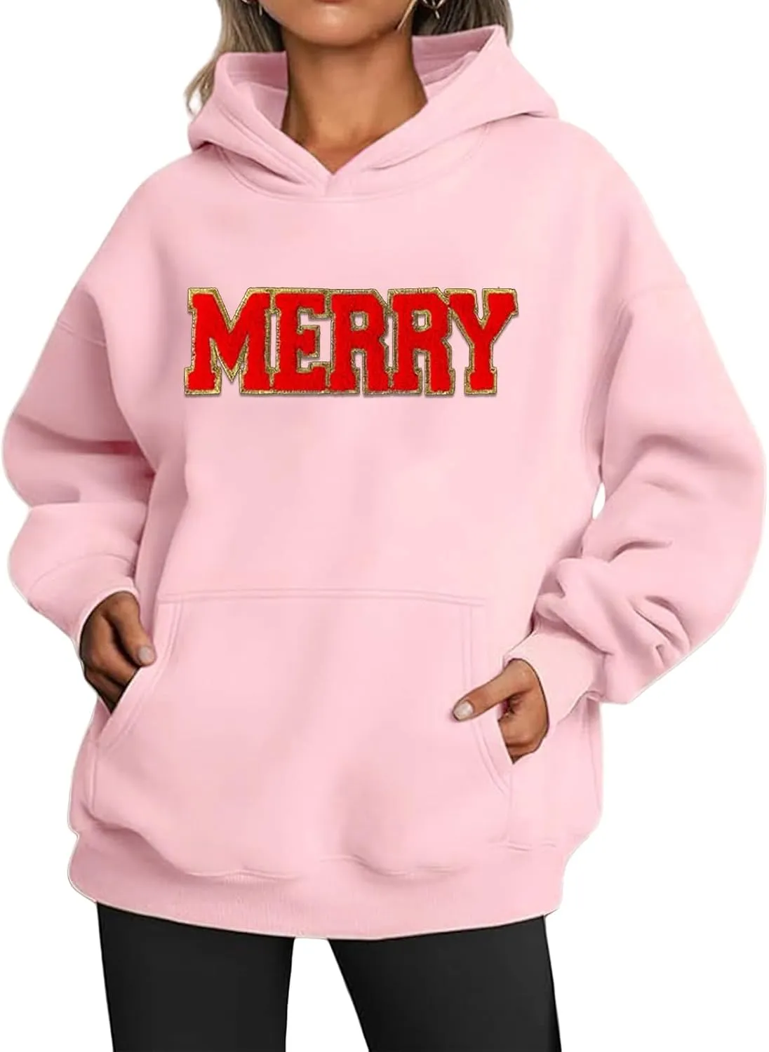 Christmas Sweatshirts for Women 2024 Merry Letter Shirt Oversized Long Sleeve Hoodie Pullover Sweatshirt Xmas Tops