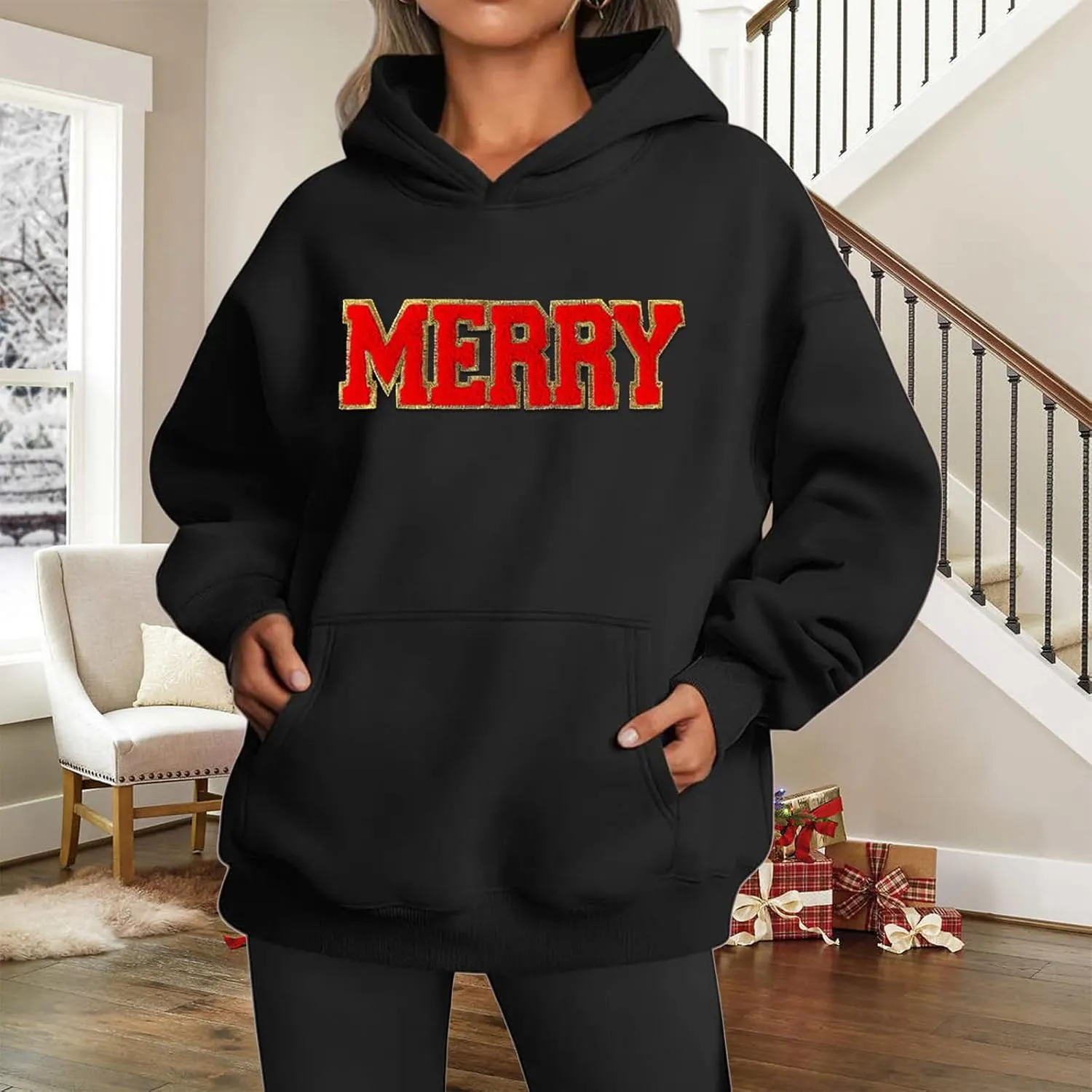 Christmas Sweatshirts for Women 2024 Merry Letter Shirt Oversized Long Sleeve Hoodie Pullover Sweatshirt Xmas Tops
