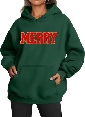 Christmas Sweatshirts for Women 2024 Merry Letter Shirt Oversized Long Sleeve Hoodie Pullover Sweatshirt Xmas Tops
